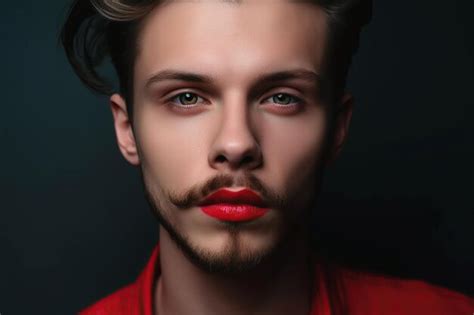 Premium Ai Image Man S Face With Makeup With Red Lipstick Lips Portrait Of Transgender Gay Man