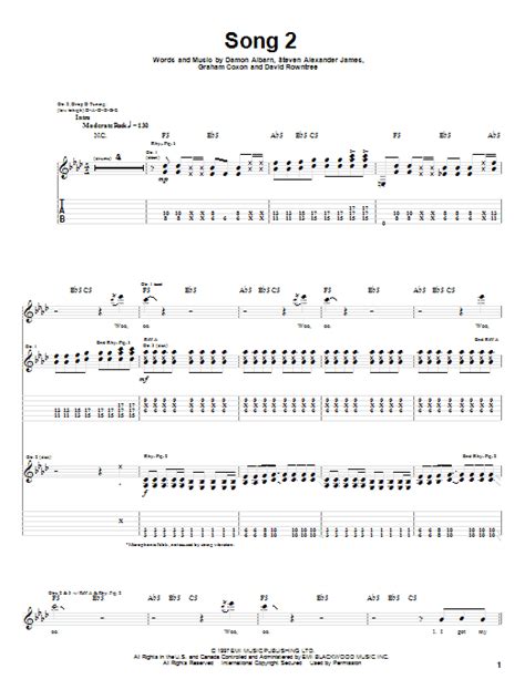 Blur "Song 2" Sheet Music PDF Notes, Chords | Rock Score Guitar Chords ...