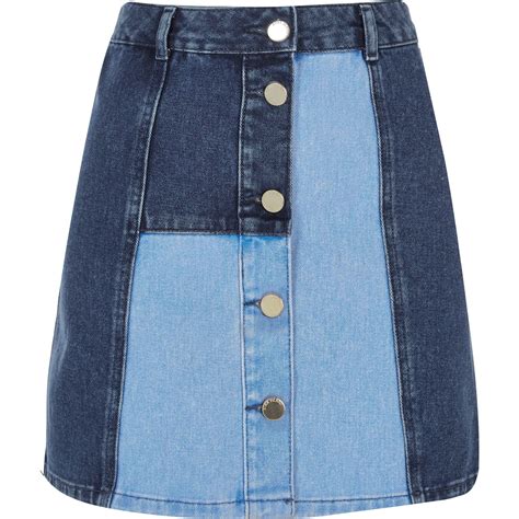 River Island Blue Patchwork Denim Skirt In Blue Lyst