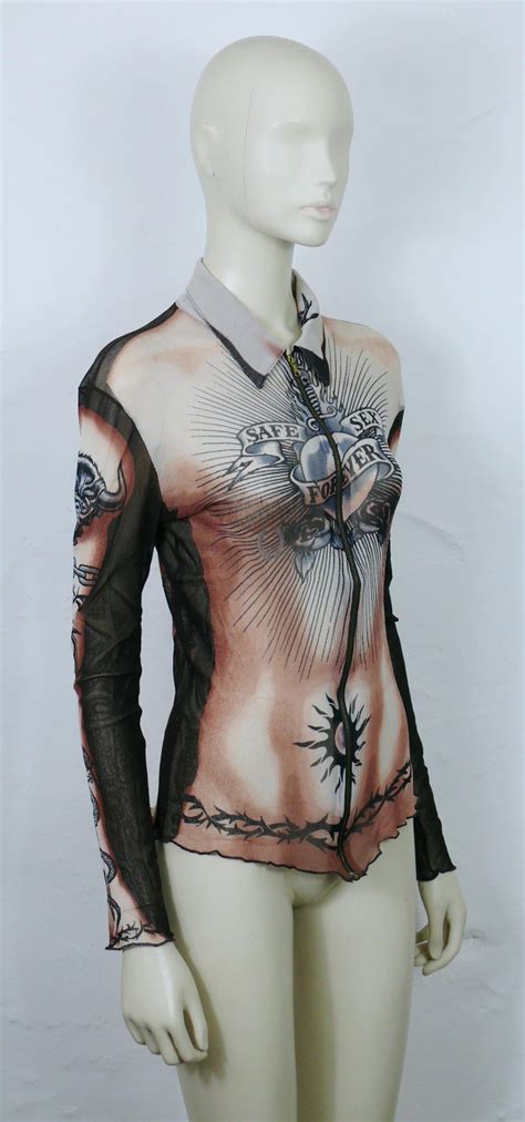 Jean Paul Gaultier Vintage Safe Sex For Ever Tattoo Sheer Mesh Shirt