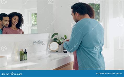 Love Hygiene And Couple Brushing Teeth In The Bathroom Together On A Weekend Morning Routine