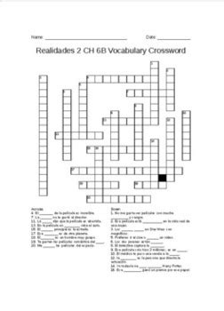 Realidades Ch B Vocabulary Crossword With Answers Tpt