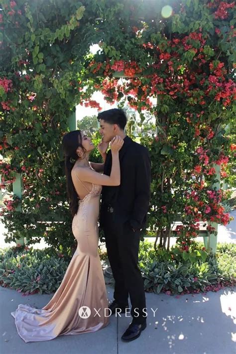 Backless Lace Appliqued Nude Pink Satin Prom Dress Xdressy