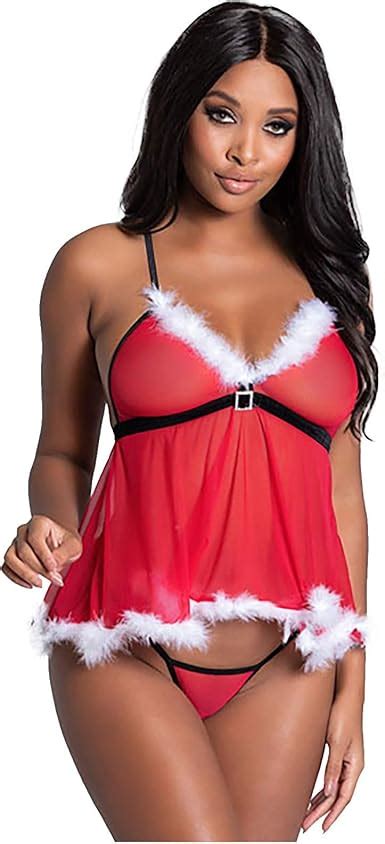 Women Christmas Lingerie Holiday V Neck Sexy Babydoll Mini Dress Set