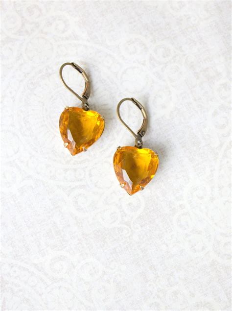 Long Earrings Yellow Earrings Topaz Heart Earrings Golden | Etsy