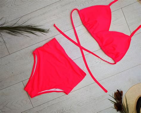 Bikini Neon Pink Swimsuit Two Pieces Swim Suit High Etsy