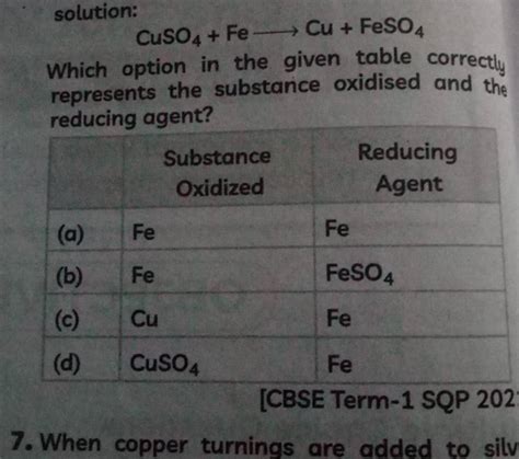 Solution Cuso4 Fe Cu Feso4 Which Option In The Given Table Correctly