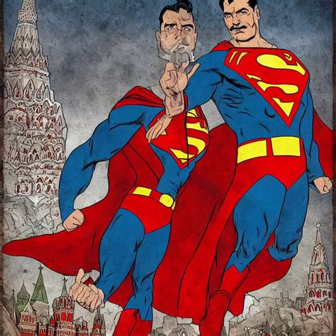 Epic Comic Book Cover Of Stalin As Superman Floating Stable Diffusion