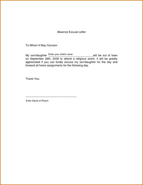 write  absent excuse letter  school printable forms