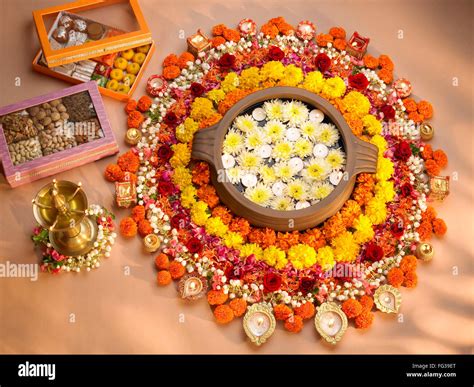 Diyas And Flowers Arrangement For Diwali Festival Of Lights India Stock