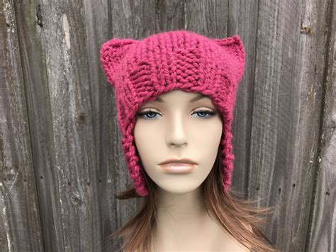 Pink Pussyhat Pink Pussy Hat Pink Cat Hat Cat Ear Hat Chunky Knit Hat Womens Hat Mens Hat