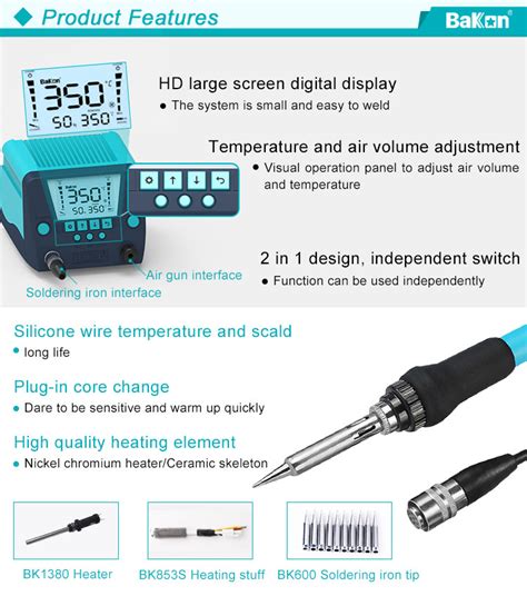 Bakon Bk New Design In Lcd Digital Display Rework Station With Hot Air Gun Soldering Iron