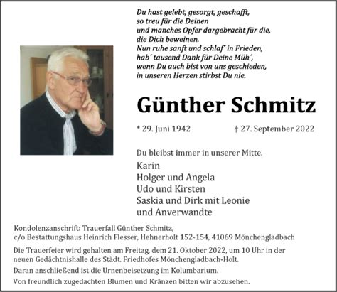 Traueranzeigen von Günther Schmitz Trauer und Gedenken