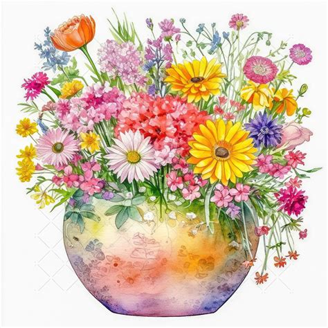 Vase Of Mixed Flowers Bundle Clipart 10 High Quality Jpgs Watercolor