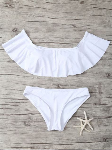 Off Ruffles Off Shoulder Bikini Swimwear In White Zaful