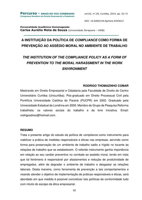 Pdf A Institui O Da Pol Tica De Compliance Como Forma De Preven O Ao Ass Dio Moral No