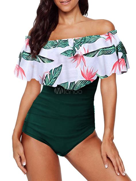 Women One Piece Swimsuits Black Floral Print Bateau Neck Summer Sexy