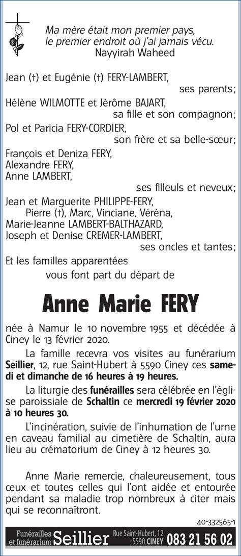 Avis De Décès De Anne Marie Fery Décédé Le 13022020 à Ciney Annonce