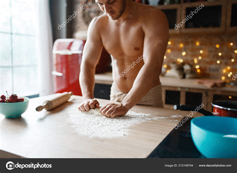 Muscular Husband Underwear Cooking Kitchen Naked Man Preparing Breakfast Home Stock Photo By