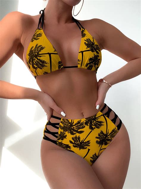 Tropical Print Cut Out Halter Triangle High Waisted Bikini Swimsuit Artofit