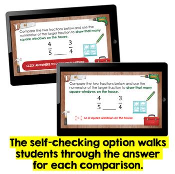 comparing fractions building  house digital interactive math practice