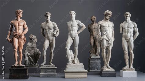 Collection Of Classical Male Nude Sculptures In Various Stages Of Completion Showcasing
