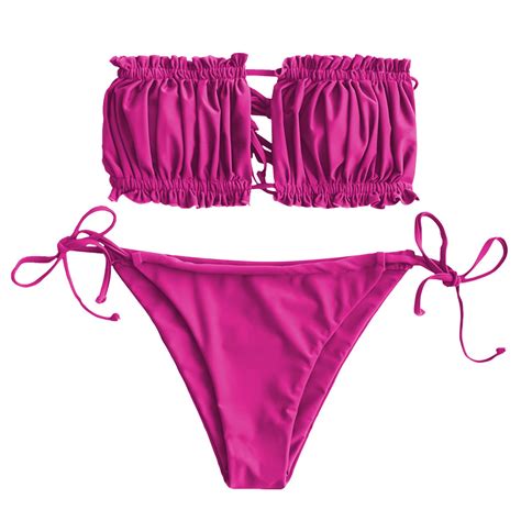 ZAFUL Women S Strapless Bikini Ribbed Tie Back Ruffle Cutout Bandeau