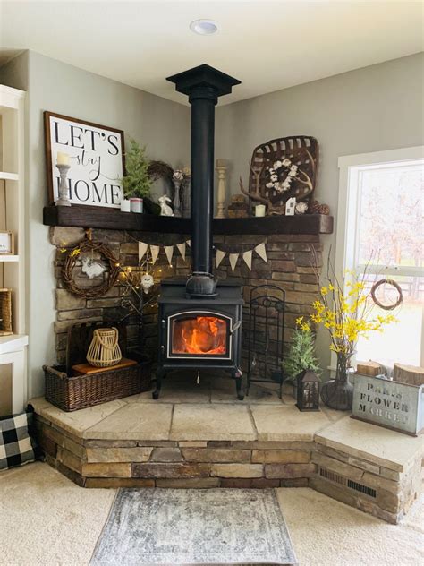 Rustic Corner Wood Stove Mantel Decor