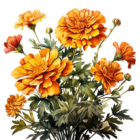 Marigold Flowers Bouquet Watercolor Clipart, Pngs Bundle Marigold
