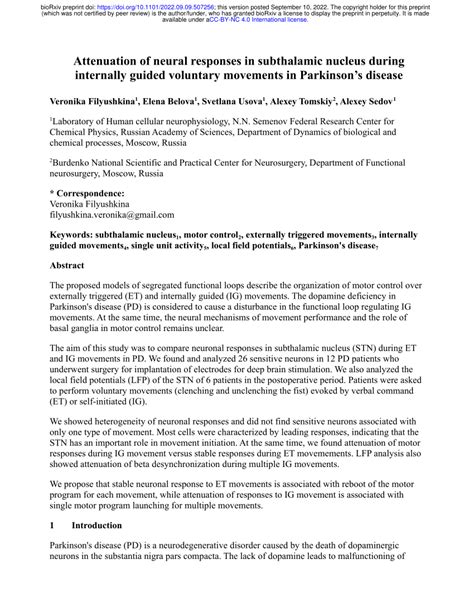 Pdf Attenuation Of Neural Responses In Subthalamic Nucleus During