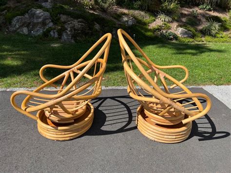 Pair Of Boho Rattan Bamboo Swivel Chairs For Sale At 1stdibs