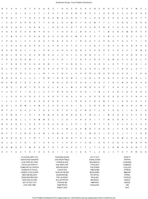 Godsmack Songs Word Search Hard Logic Lovely