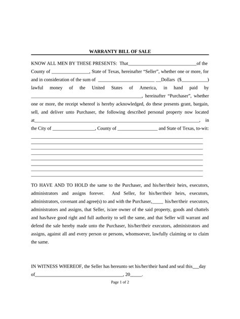 Bill Of Sale With Warranty By Individual Seller Texas Form Fill Out