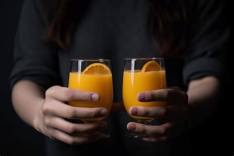 Manos Sosteniendo Vasos De Jugo De Naranja Sabroso Ia Generativa Foto