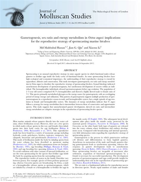 Pdf Gametogenesis Sex Ratio And Energy Metabolism In Ostrea Angasi Implications For The