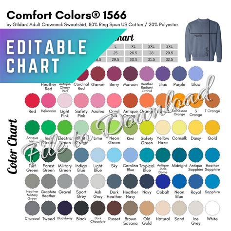 Editable Comfort Colors Color Chart And Size Chart Etsy