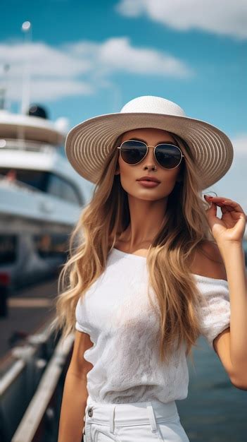 Alluring Blonde Model Posing On A Yacht Premium AI Generated Image