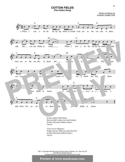 Cotton Fields (The Cotton Song) by H. Ledbetter - sheet music on MusicaNeo