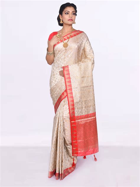 Self Work White Saree Red Border Ritz Fashion Trendz