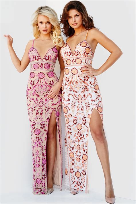 Jovani 08546 Nude Pink Embellished V Neck Evening Dress Jovani