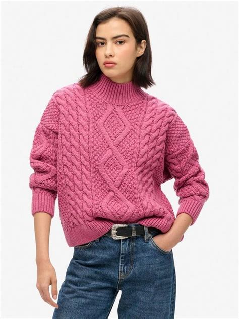 Superdry Aran Cable Knit Polo Wool Blend Jumper Papaya Pink