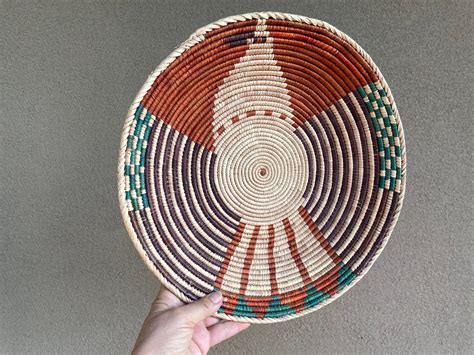 Shallow Woven Basket With Eagle Design Bohemian Southwestern Home