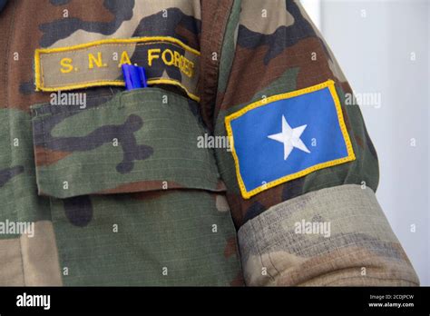 Closeup of a soldier wearing the uniform of the Somali National Armed ...