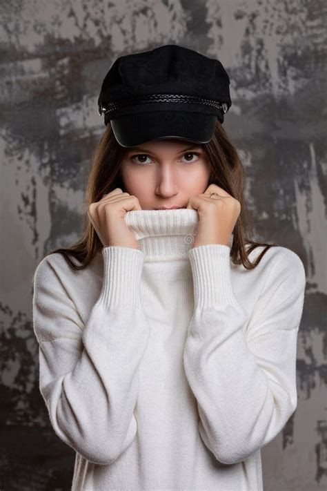 Test Shoot Of A Magnificent Brunette Girl Covers Her Mouth With Stock Photo Image Of Body