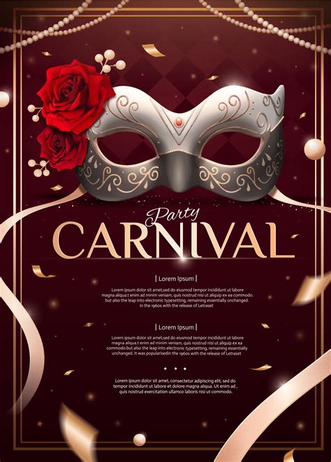 Masquerade party design with silver mask and roses in 3d illustration