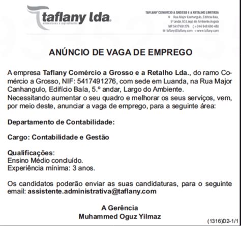 Vaga Disponível No Departamento De Contabilidade Na Taflany Comércio