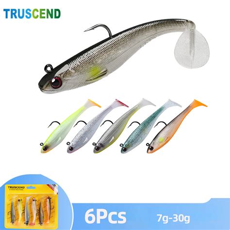 TRUSCEND 6pcs Soft Fishing Lures 7 30g Jig Head With T Tail Artificial