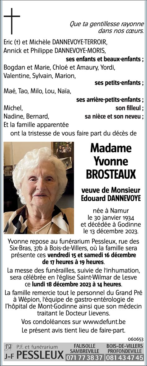 Avis De Décès De Yvonne Brosteaux Décédé Le 13 12 2023 à Godinne