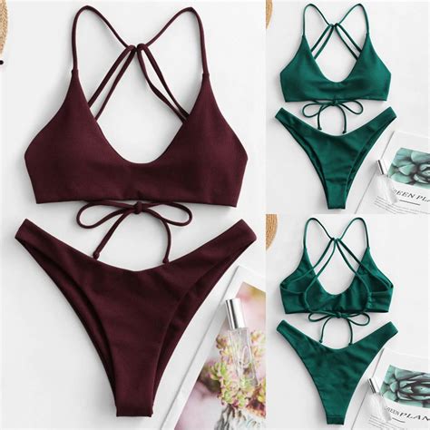Ladymiss Women Sexy Lace Up Back Solid Bikini Set Two Piece Swimsuit Bathing Suit Shopee