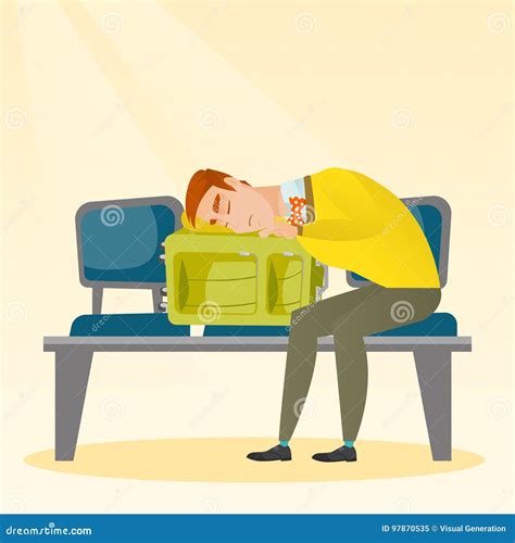 Exhausted Man Sleeping on Suitcase at the Airport. Stock Vector